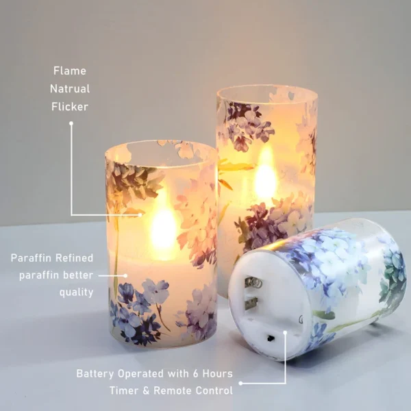 Flameless Candles Led Flicker With Remote Dim Blue Violet Hydrangea Love Theme Glass Decor Wedding Date Proposal Dinner Table Home Thanksgiving Gift For Lover - Image 2