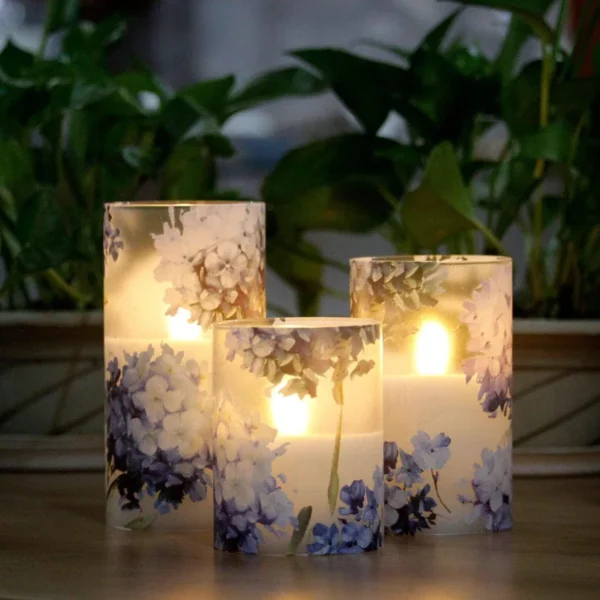 Flameless Candles Led Flicker With Remote Dim Blue Violet Hydrangea Love Theme Glass Decor Wedding Date Proposal Dinner Table Home Thanksgiving Gift For Lover
